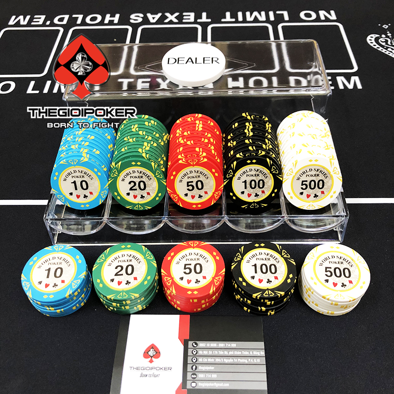 Phỉnh Poker 100 chip poker world series clay cao cấp được tặng hộp đựng acrylic cao cấp và nút Dealer Button