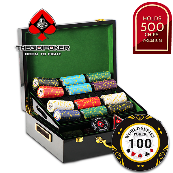 Set 500 chip poker World Series Poker đựng trong hộp gỗ luxury Deluxe