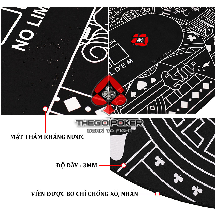 Bề mặt thảm poker ACE có khả năng kháng nước, bo viền chống rách giúp thảm bền và đẹp hơn
