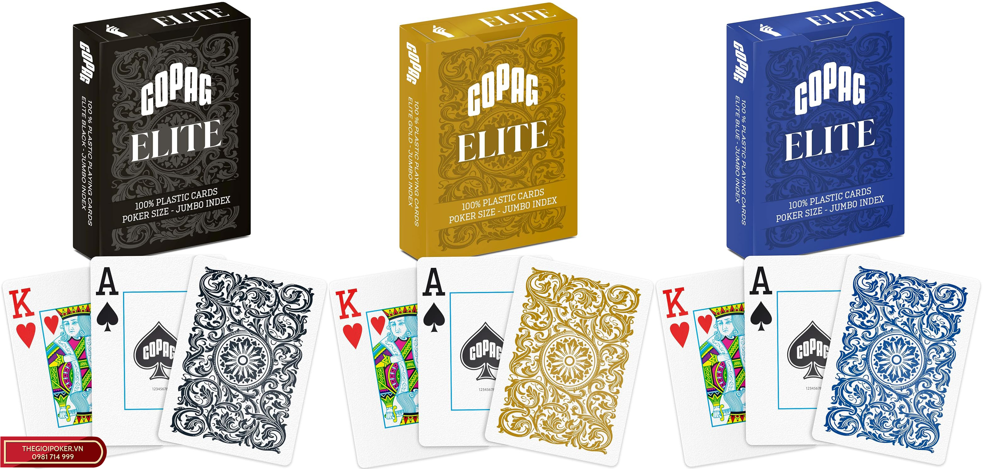 Bộ Sưu Tập Bài Poker Copag Elite với 3 màu vàng, xanh và đen