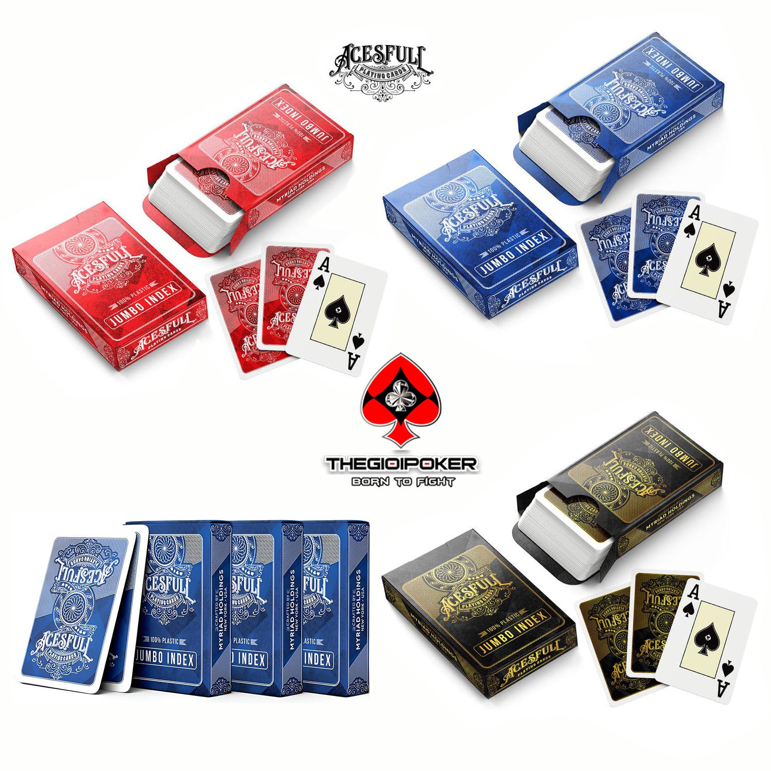 Bài Poker Acesfull với 3 màu đen, đỏ và xanh biển